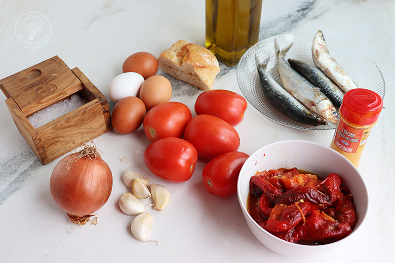 Ingredientes Sopa de tomate con pimientos asados y sardinas