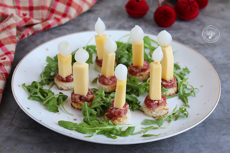 Velas navideñas de queso con fuet y cebollitas